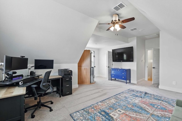 office area with ceiling fan, visible vents, and light carpet