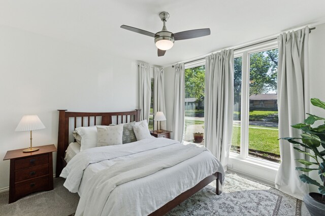 bedroom with a ceiling fan, carpet flooring, and multiple windows