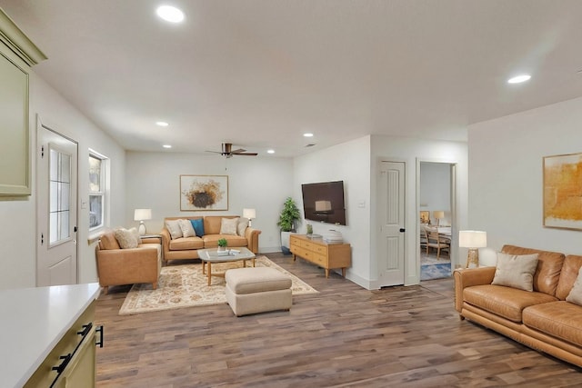 2188 Jordan Valley Dr, Dallas, TX 75253 - living room featuring wood finished floors, recessed lighting, and a ceiling fan