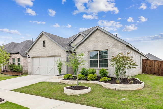 french provincial home with fence, a front yard, driveway, and brick siding