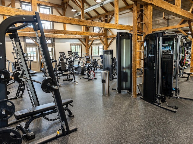 1424 Bellaire St, Celina, TX 75009 - workout area with healthy amount of natural light, beamed ceiling, and high vaulted ceiling