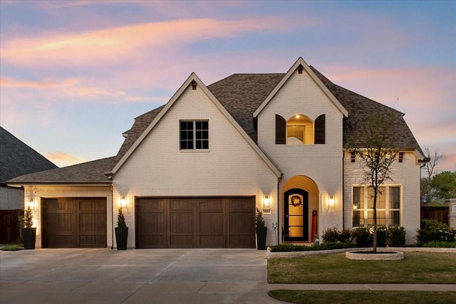 french country inspired facade featuring a garage, driveway, brick siding, a shingled roof, and a yard