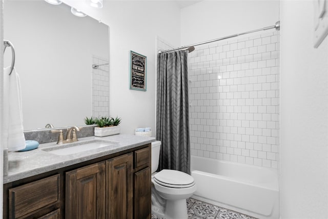 bathroom with toilet, tile patterned floors, shower / bathtub combination with curtain, and vanity