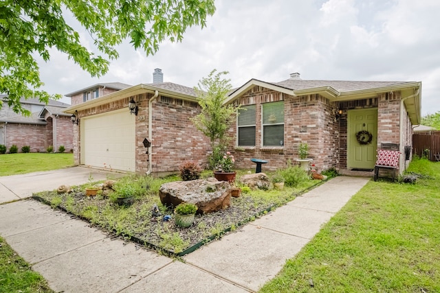 2624 Rockport Ln, Little Elm, TX 75068 - view of front of property featuring a chimney, a front yard, brick siding, a garage, and concrete driveway