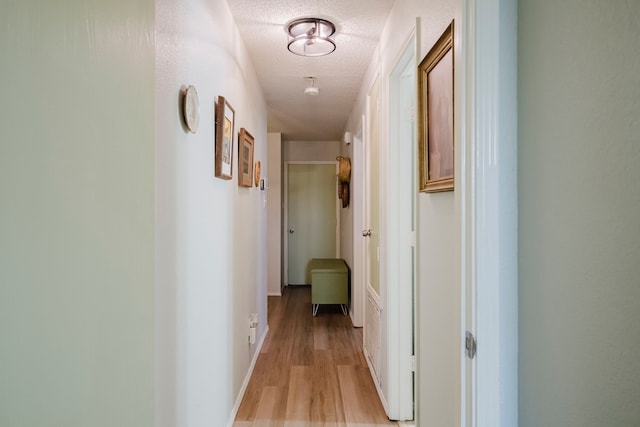 hallway with light wood-type flooring and a textured ceiling