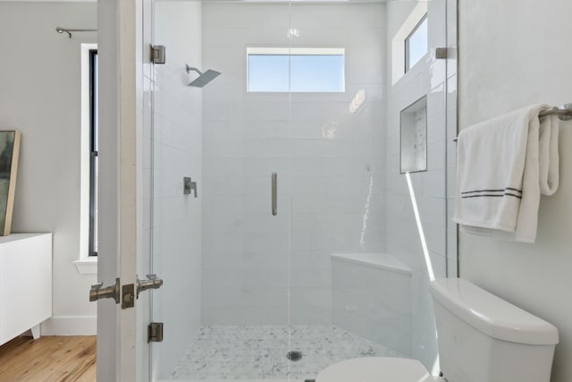 bathroom with a shower stall, toilet, and wood finished floors