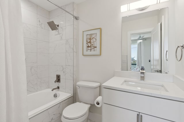 full bath with toilet, shower / bath combo, and vanity