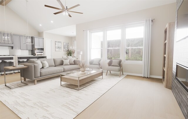 living area featuring baseboards, ceiling fan, high vaulted ceiling, recessed lighting, and light wood finished floors