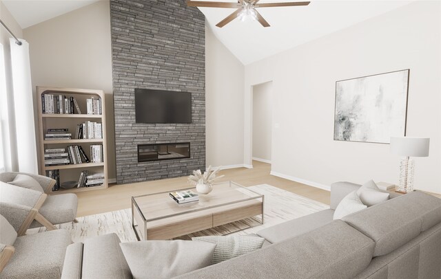 living area with ceiling fan, a fireplace, high vaulted ceiling, baseboards, and wood finished floors
