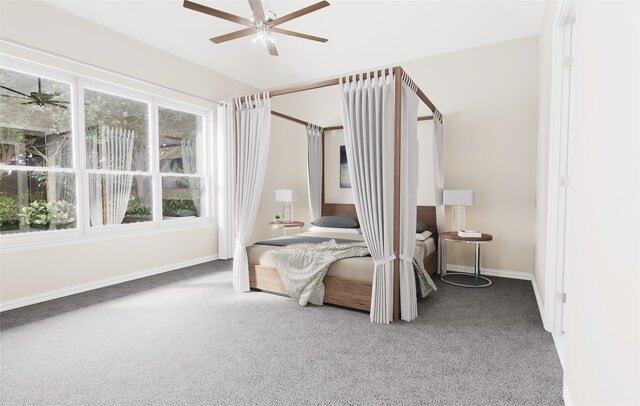 bedroom with baseboards, carpet, and a ceiling fan