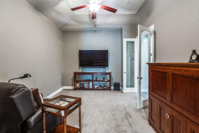 living room featuring ceiling fan, light carpet, french doors, baseboards, and visible vents