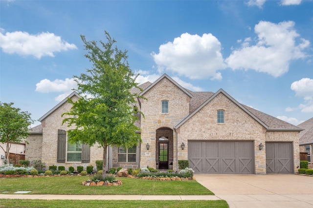 french country home with brick siding, a front lawn, roof with shingles, and concrete driveway