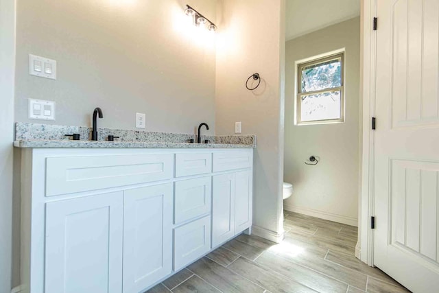 bathroom featuring a sink, baseboards, wood finish floors, and toilet