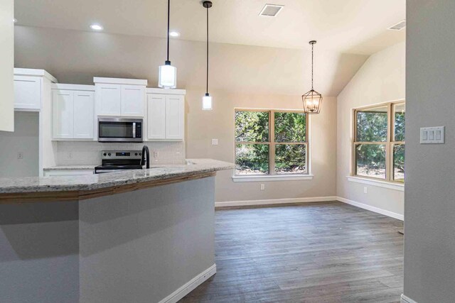 kitchen with baseboards, stainless steel appliances, lofted ceiling, and visible vents
