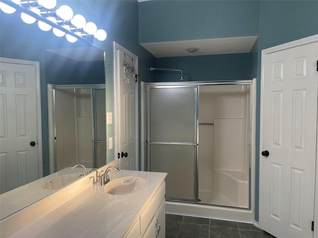 full bathroom with tile patterned floors, a shower stall, and vanity