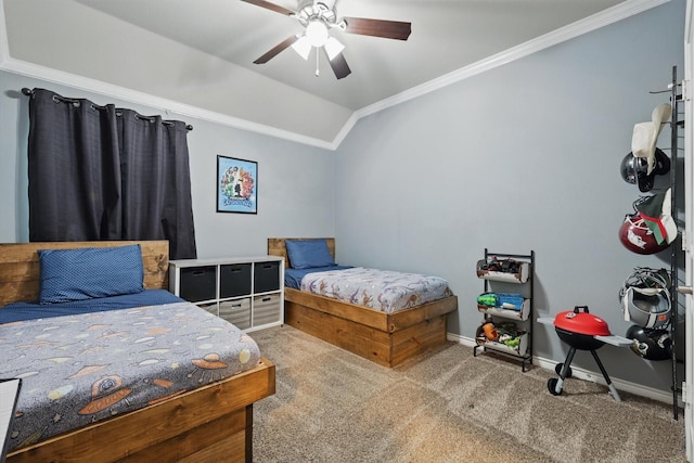 bedroom featuring ornamental molding, lofted ceiling, carpet flooring, baseboards, and a ceiling fan
