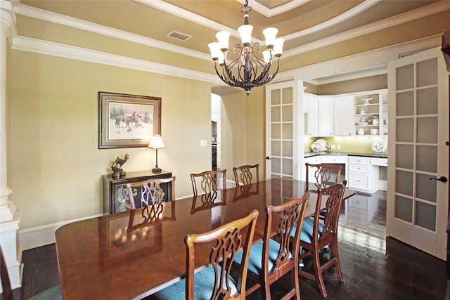 320 Hines Xing, Bullard, TX 75757 - dining area featuring visible vents, an inviting chandelier, dark wood-style flooring, a raised ceiling, and french doors