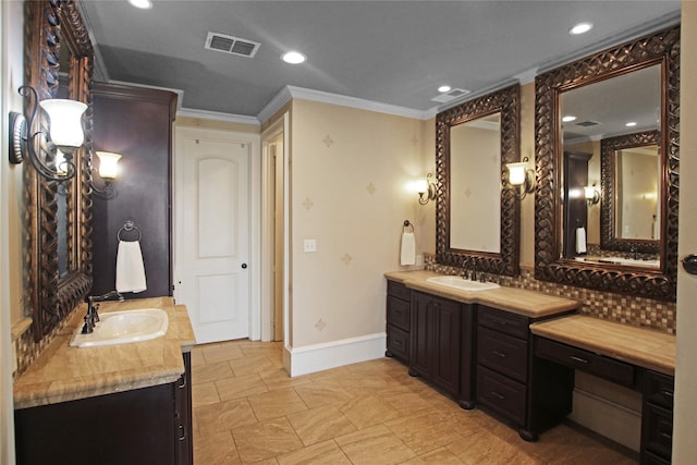 320 Hines Xing, Bullard, TX 75757 - bathroom featuring crown molding, vanity, recessed lighting, baseboards, and visible vents