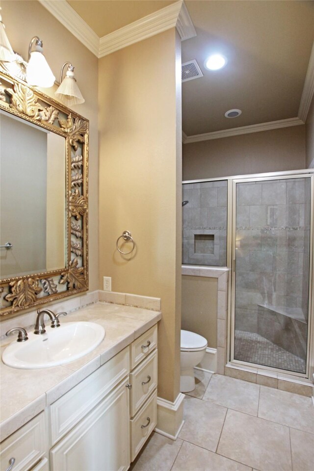 320 Hines Xing, Bullard, TX 75757 - bathroom with crown molding, vanity, visible vents, toilet, and a shower stall