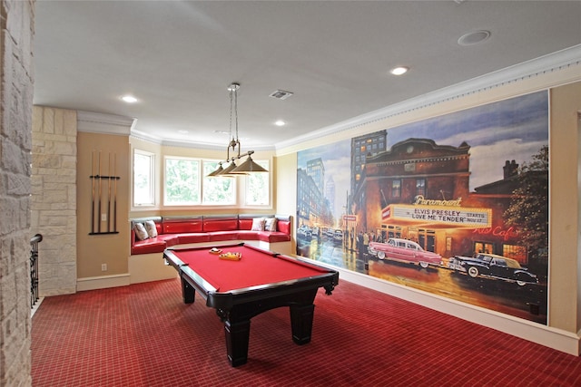 320 Hines Xing, Bullard, TX 75757 - playroom with crown molding, carpet flooring, recessed lighting, pool table, and visible vents