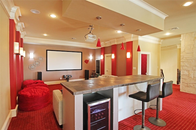 320 Hines Xing, Bullard, TX 75757 - carpeted cinema featuring crown molding, a bar, recessed lighting, and wine cooler