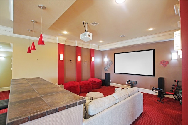320 Hines Xing, Bullard, TX 75757 - home theater room with crown molding, baseboards, and dark colored carpet