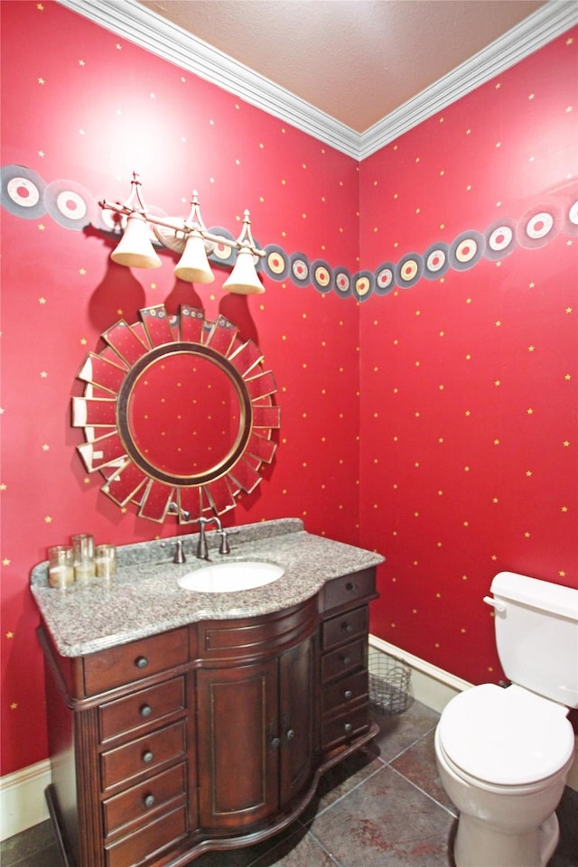 320 Hines Xing, Bullard, TX 75757 - half bathroom featuring vanity, ornamental molding, toilet, baseboards, and tile patterned floors