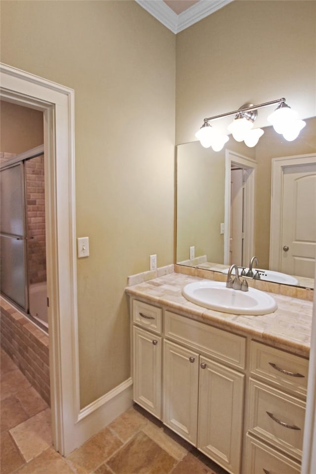 320 Hines Xing, Bullard, TX 75757 - bathroom featuring vanity, ornamental molding, baseboards, and tiled shower