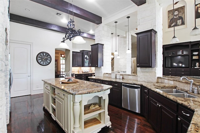320 Hines Xing, Bullard, TX 75757 - kitchen with decorative backsplash, open shelves, dishwasher, a sink, and beamed ceiling