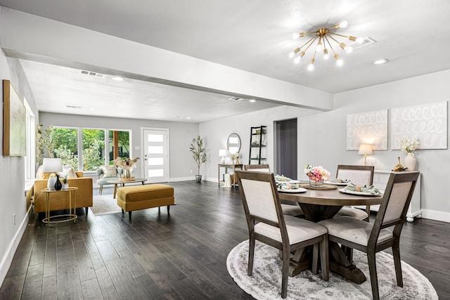 8911 Diceman Dr, Dallas, TX 75218 - dining space with dark wood-style flooring, visible vents, baseboards, an inviting chandelier, and recessed lighting