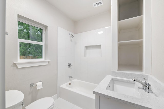 full bathroom featuring visible vents, bathtub / shower combination, toilet, and vanity