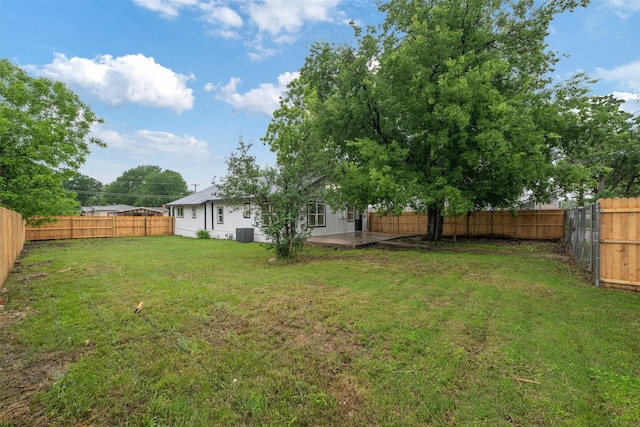 view of yard with central AC and a fenced backyard