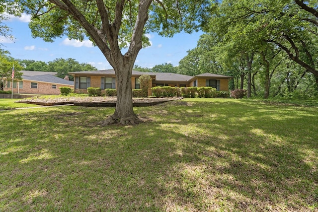 ranch-style house with a front lawn and brick siding
