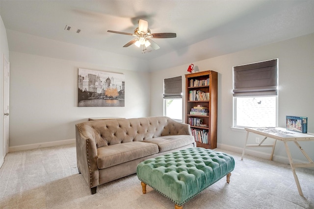 9820 Mullins Crossing Dr, Fort Worth, TX 76126 - living room featuring light carpet, a ceiling fan, and baseboards