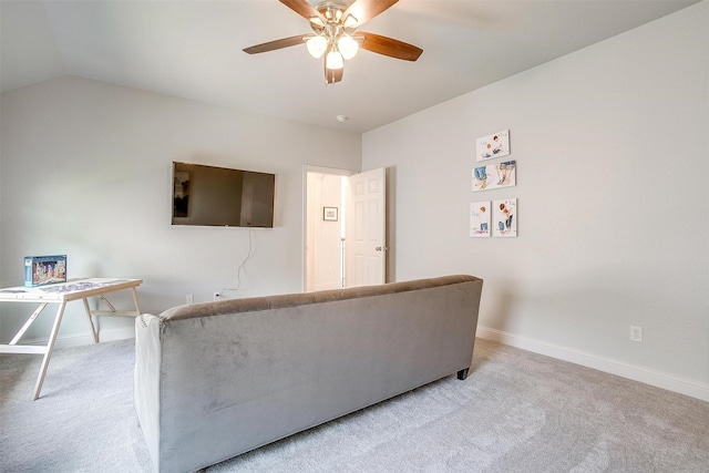 9820 Mullins Crossing Dr, Fort Worth, TX 76126 - living room featuring baseboards, a ceiling fan, light carpet, and lofted ceiling