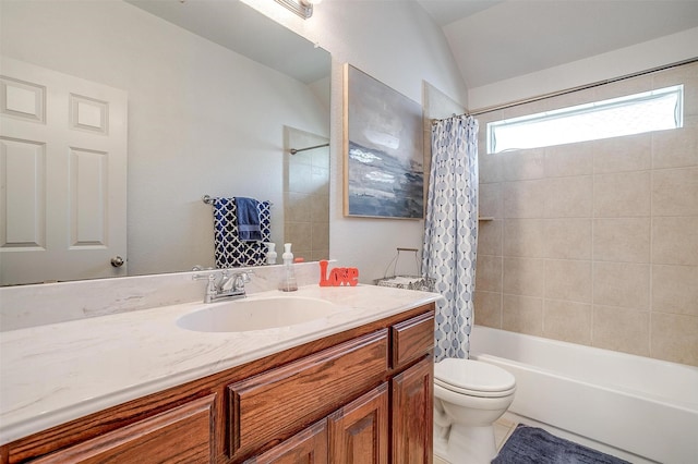 9820 Mullins Crossing Dr, Fort Worth, TX 76126 - full bathroom featuring vanity, shower / bath combination with curtain, toilet, and lofted ceiling