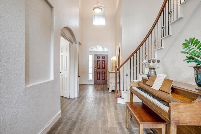 entrance foyer featuring a textured wall, a healthy amount of sunlight, and wood finished floors