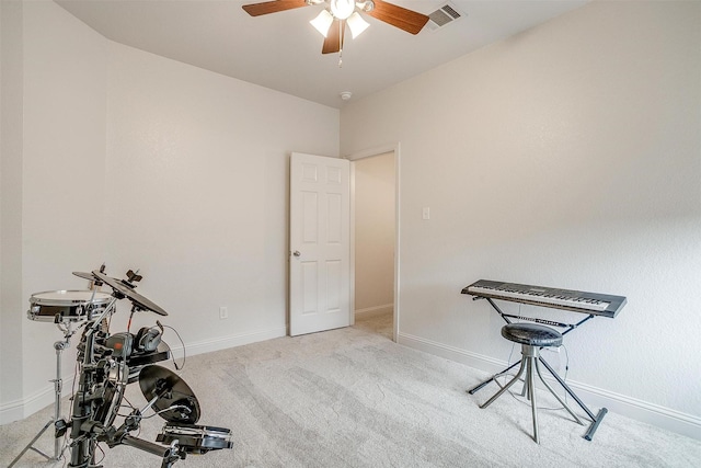 9820 Mullins Crossing Dr, Fort Worth, TX 76126 - exercise room with a ceiling fan, carpet, and baseboards