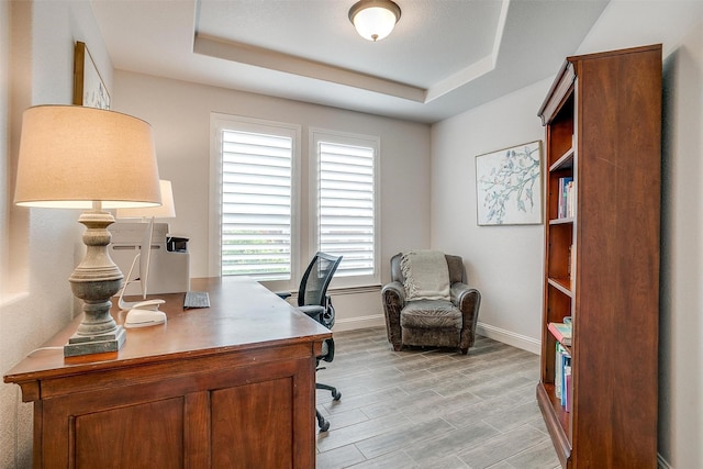 9820 Mullins Crossing Dr, Fort Worth, TX 76126 - office space with a raised ceiling, baseboards, and light wood-style flooring