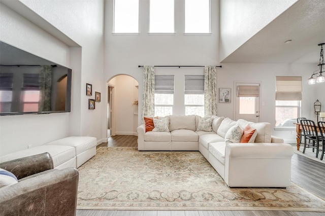 9820 Mullins Crossing Dr, Fort Worth, TX 76126 - living room featuring arched walkways, a towering ceiling, and wood finished floors