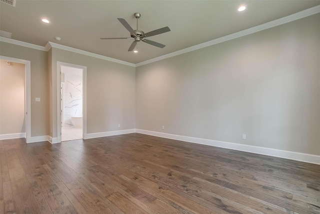 unfurnished room with recessed lighting, ceiling fan, dark wood-style floors, and baseboards