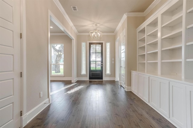 entrance foyer with visible vents, baseboards, a notable chandelier, and dark wood-style floors