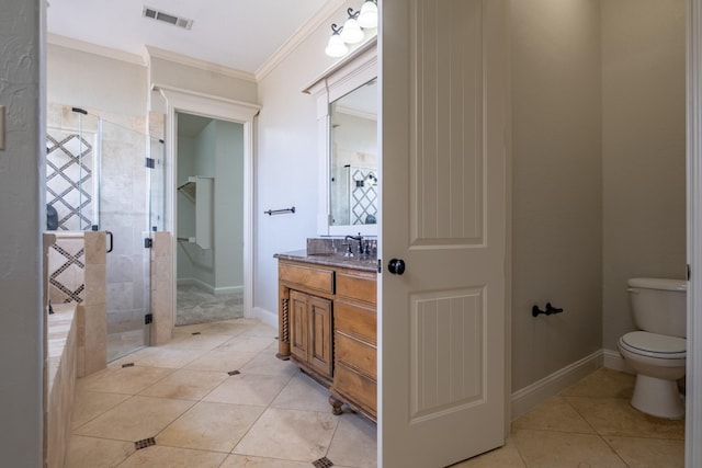 full bath with visible vents, a shower stall, vanity, tile patterned floors, and ornamental molding