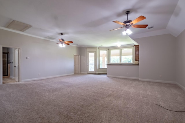 unfurnished living room with a ceiling fan, baseboards, and light carpet