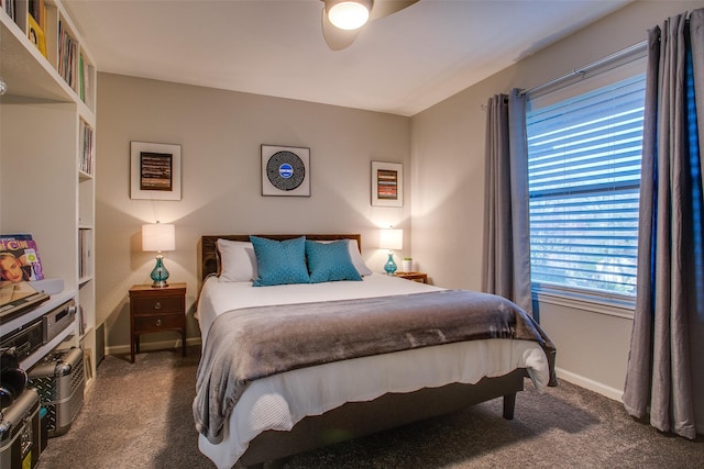 bedroom with carpet floors, baseboards, and ceiling fan
