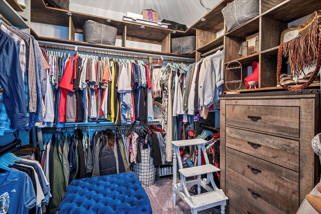 walk in closet with carpet flooring
