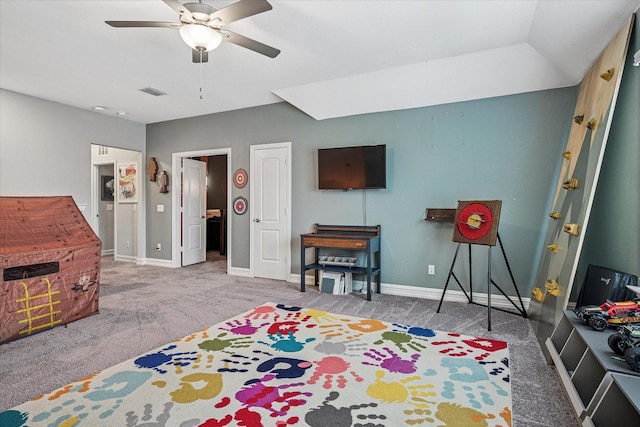 game room with baseboards, carpet, ceiling fan, and visible vents