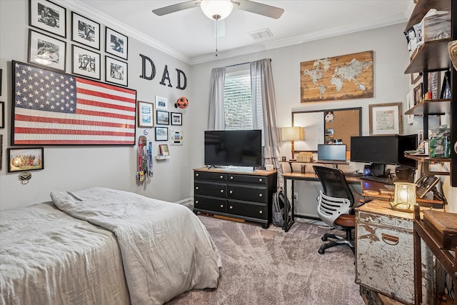 carpeted bedroom with visible vents, ornamental molding, and baseboards