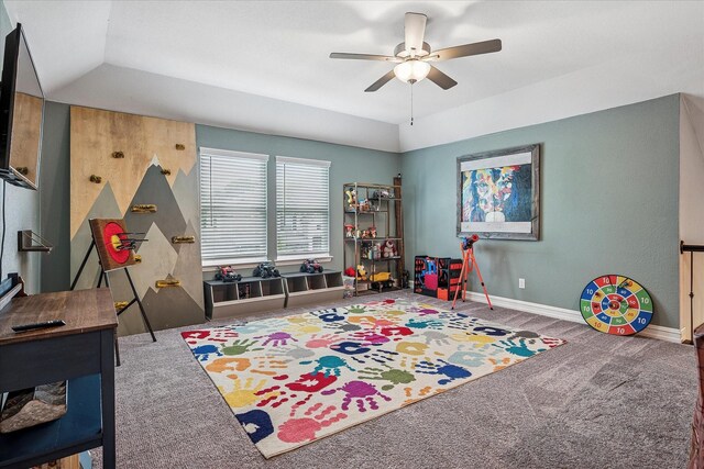playroom featuring baseboards, carpet, and ceiling fan