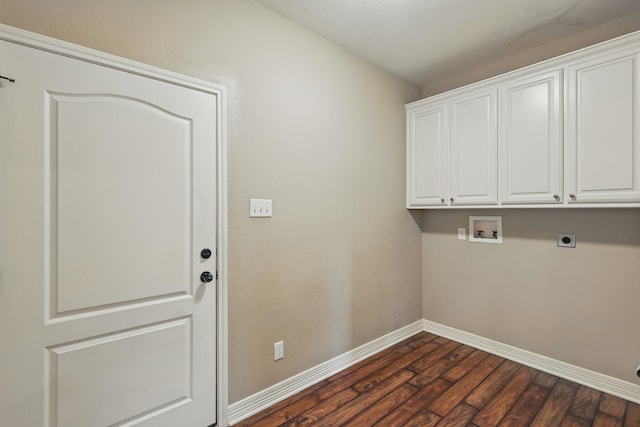 311 Wilson St, Whitesboro, TX 76273 - laundry area featuring cabinet space, washer hookup, hookup for an electric dryer, dark wood-style flooring, and baseboards
